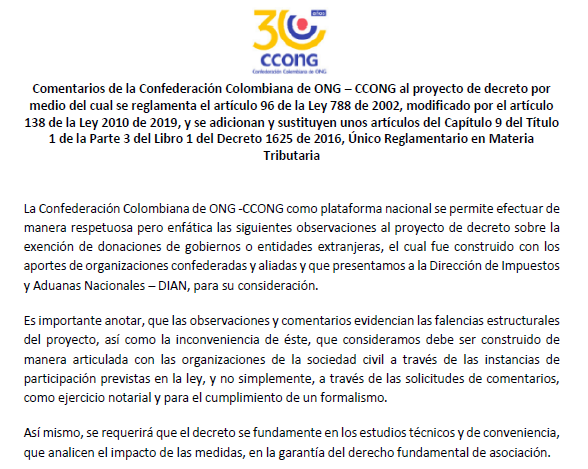 Comentarios de la Confederación Colombiana de ONG – CCONG al proyecto de decreto  Exención donaciones de gobiernos extranjeros o entidades extranjeras